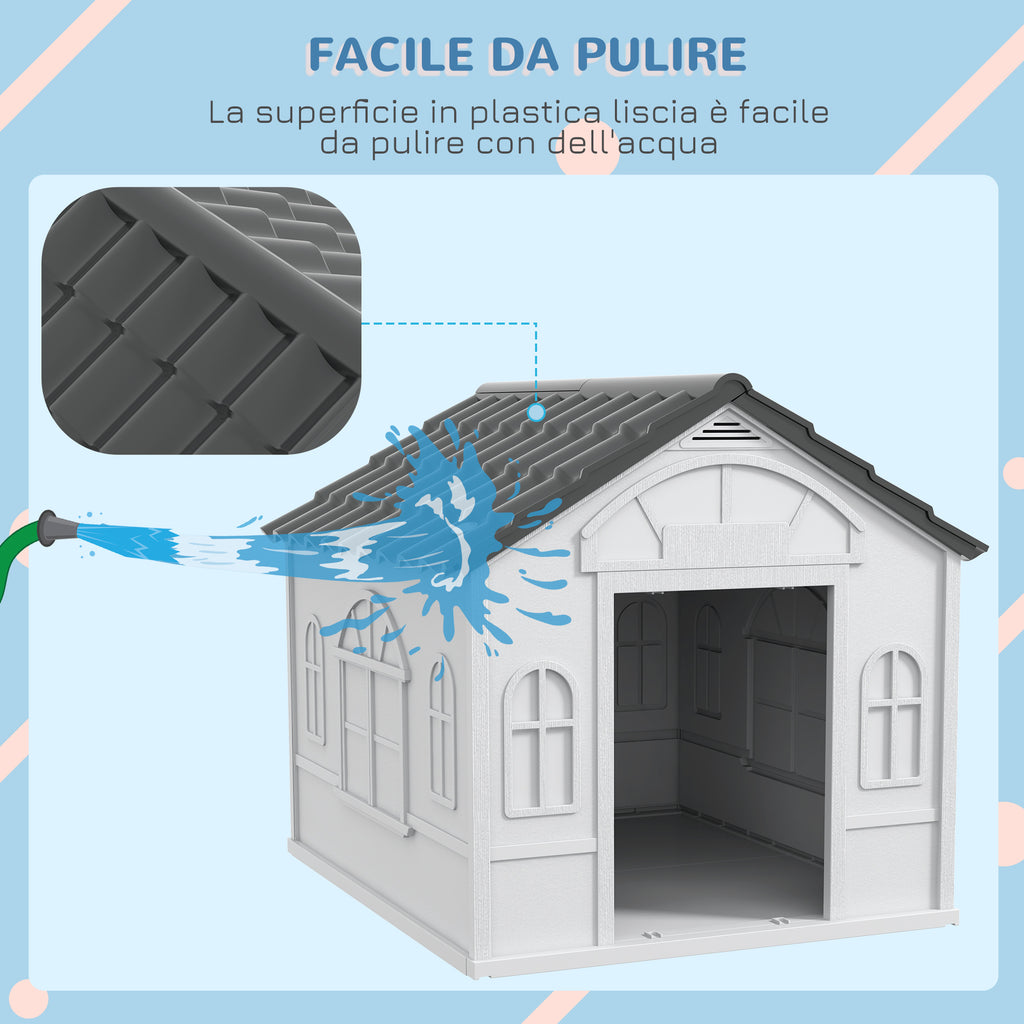 Waterproof PP Dog House with Sloped Roof and Entrance Door, 84.2 x 98.2 x 82 cm, Grey