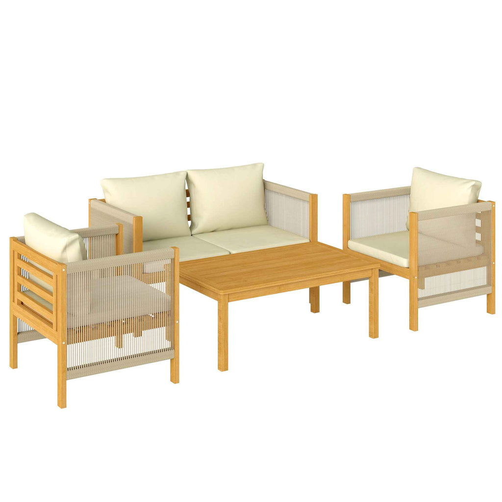 Outsunny 4-Piece Garden Lounge Set with Sofa, 2 Armchairs with Cushions and Coffee Table in Acacia Wood
