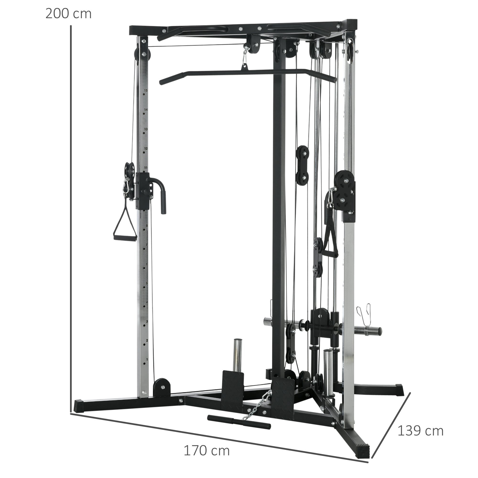 Fitness station for total training with pull-up bar and barbell, in steel, 170x139x200 cm, Black