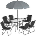 Outsunny 8-Piece Garden Set with Umbrella, 6 Folding Chairs and Tempered Glass Outdoor Table, Black