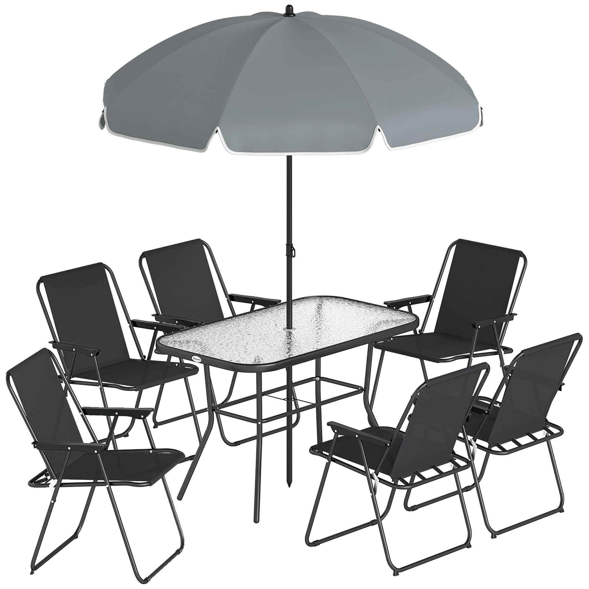 Outsunny 8-Piece Garden Set with Umbrella, 6 Folding Chairs and Tempered Glass Outdoor Table, Black