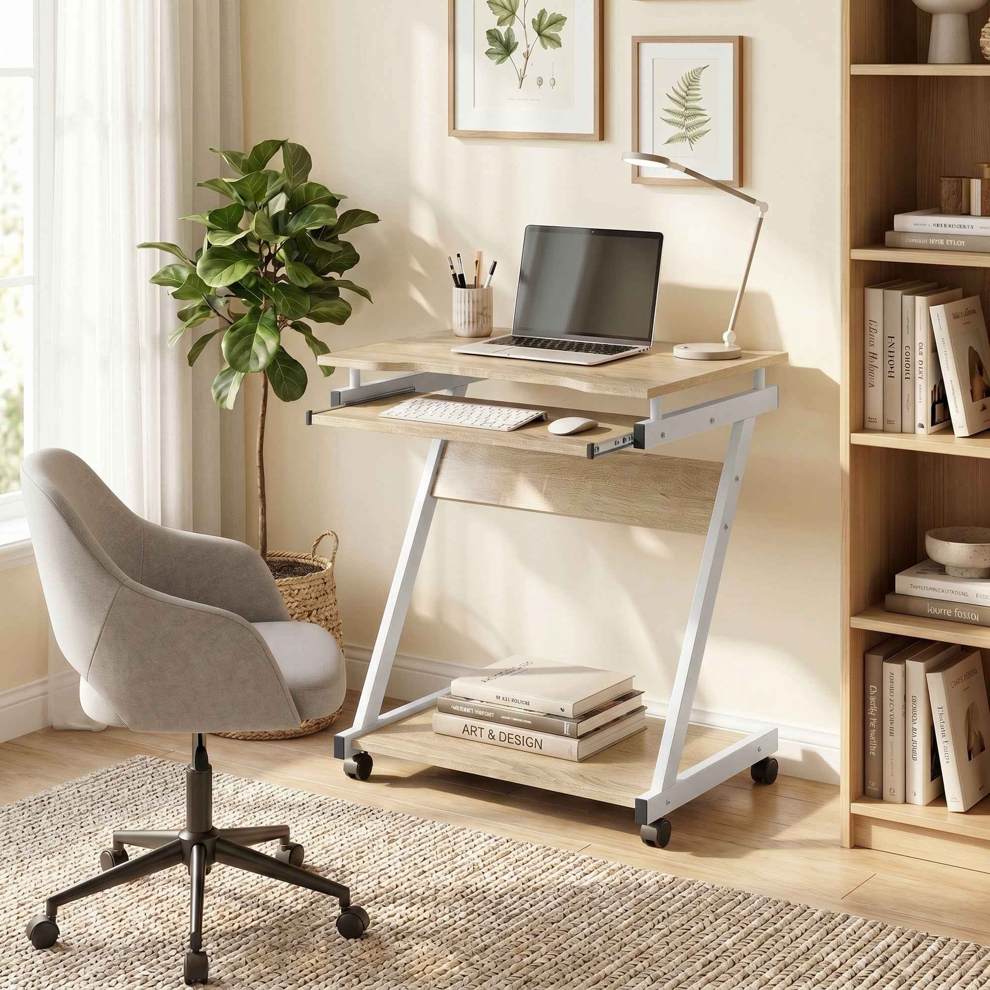 HOMCOM Computer Desk with 4 Wheels, Sliding Keyboard Tray, Oak Color