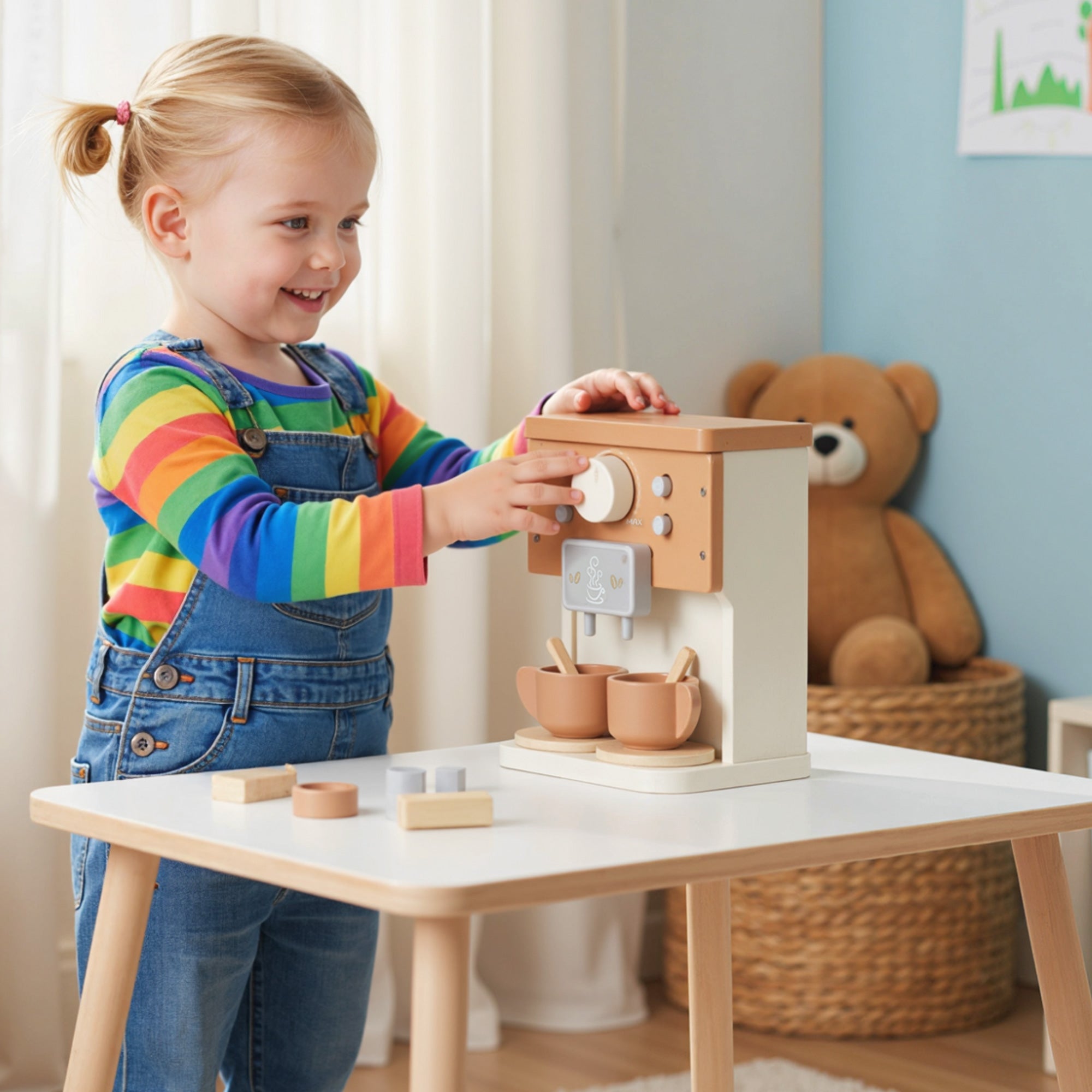 Wooden Toy Coffee Machine Set for Children from 3 Years Old with Accessories, Brown