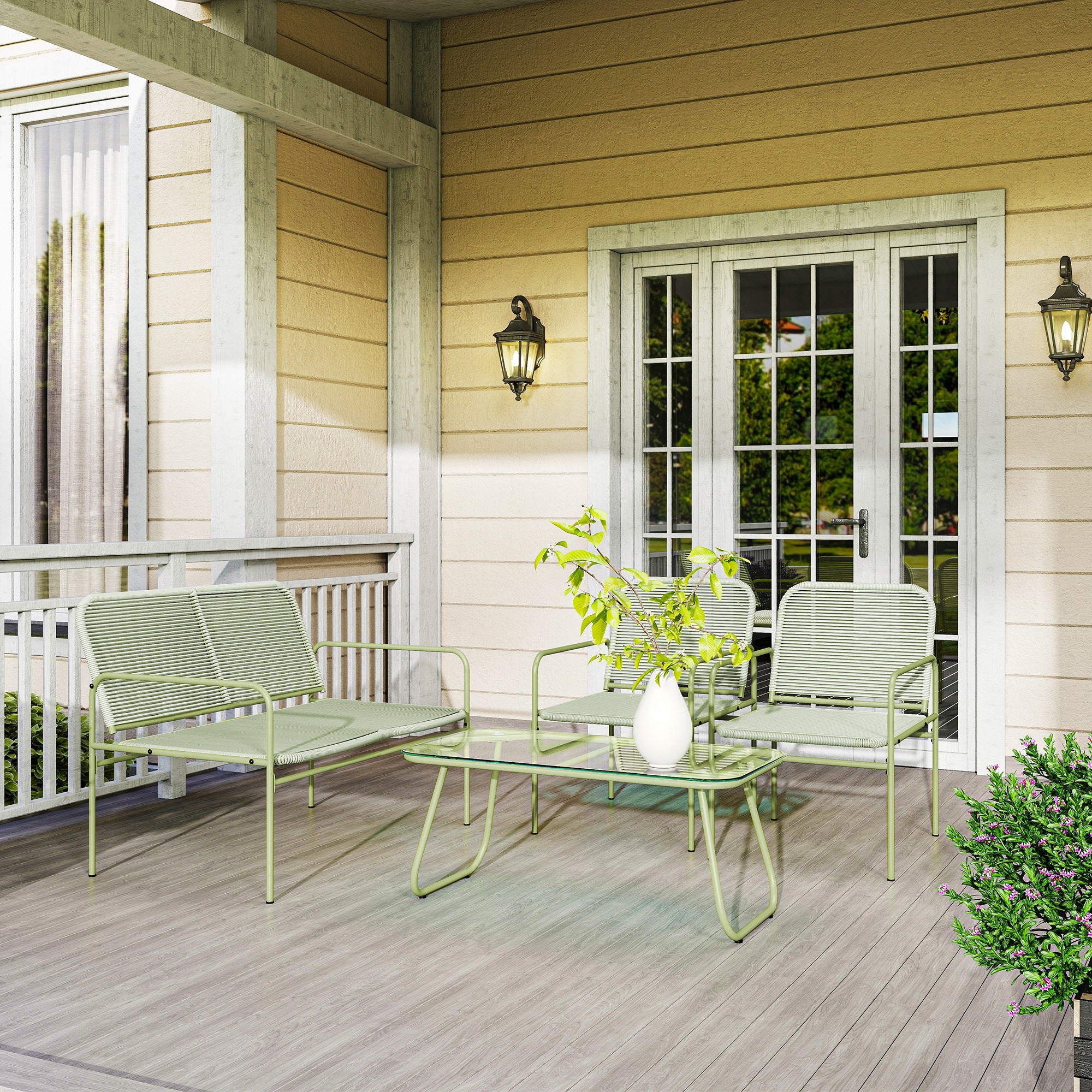 Outdoor Lounge Set in PE Rattan with Sofa, 2 Armchairs and Coffee Table with Glass Top, Green