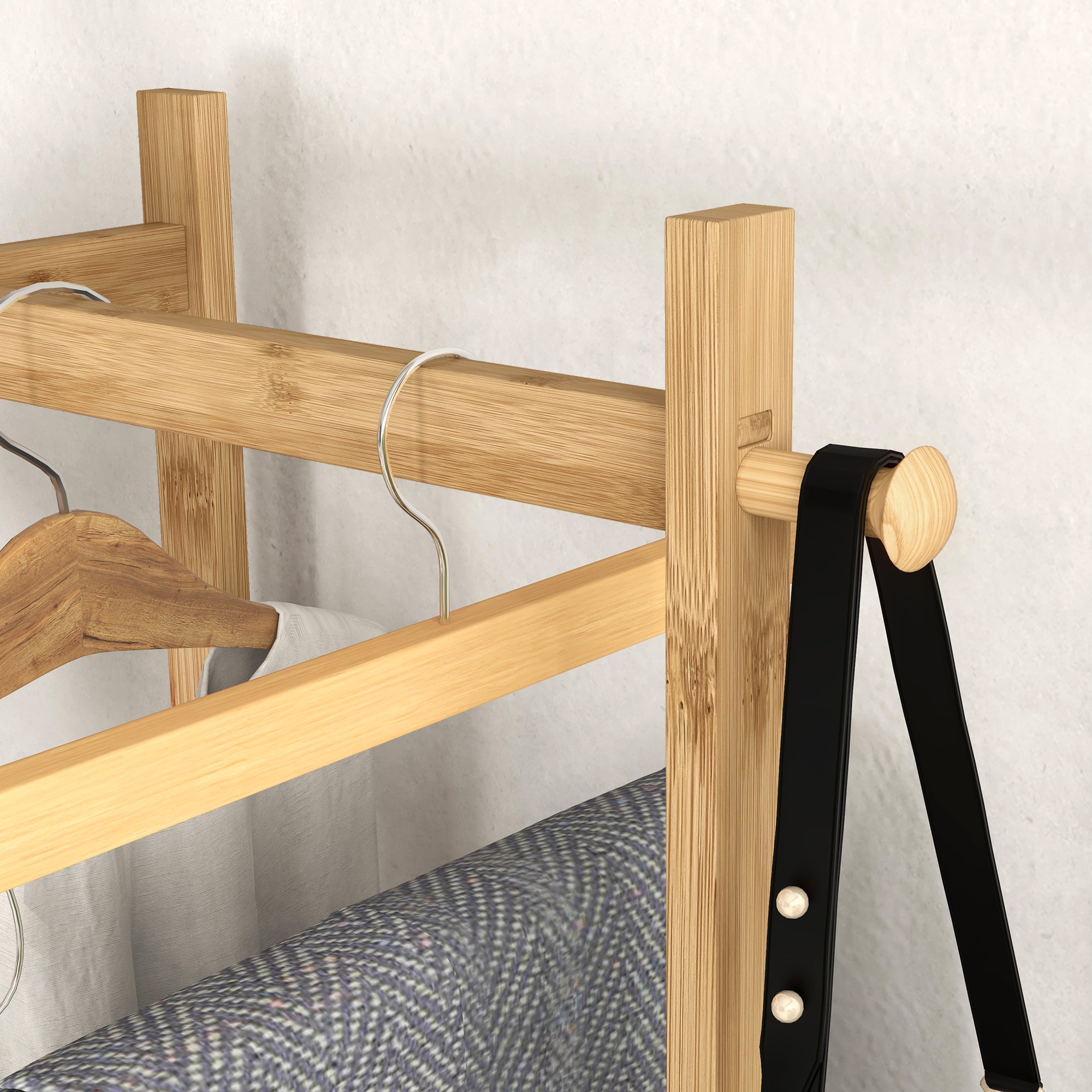 Freestanding Coat Rack with Central Bar, 4 Side Bars, 2 Hooks and 2 Shelves, Wood and Black