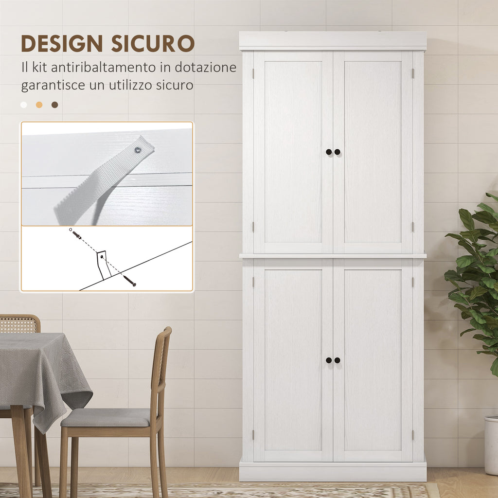 Tall Kitchen Cabinet with 6 Adjustable Shelves and 2 Wooden Doors, 76x40.5x184 cm, White
