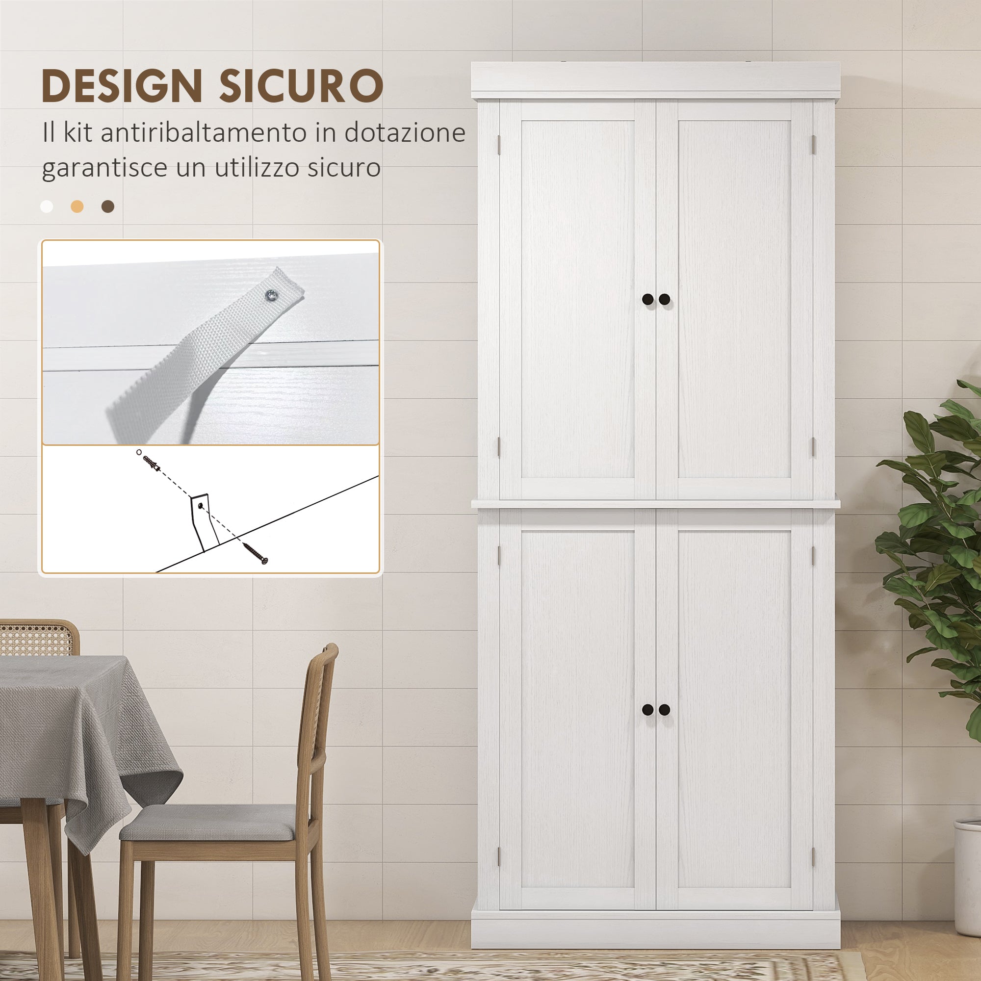 Tall Kitchen Cabinet with 6 Adjustable Shelves and 2 Wooden Doors, 76x40.5x184 cm, White