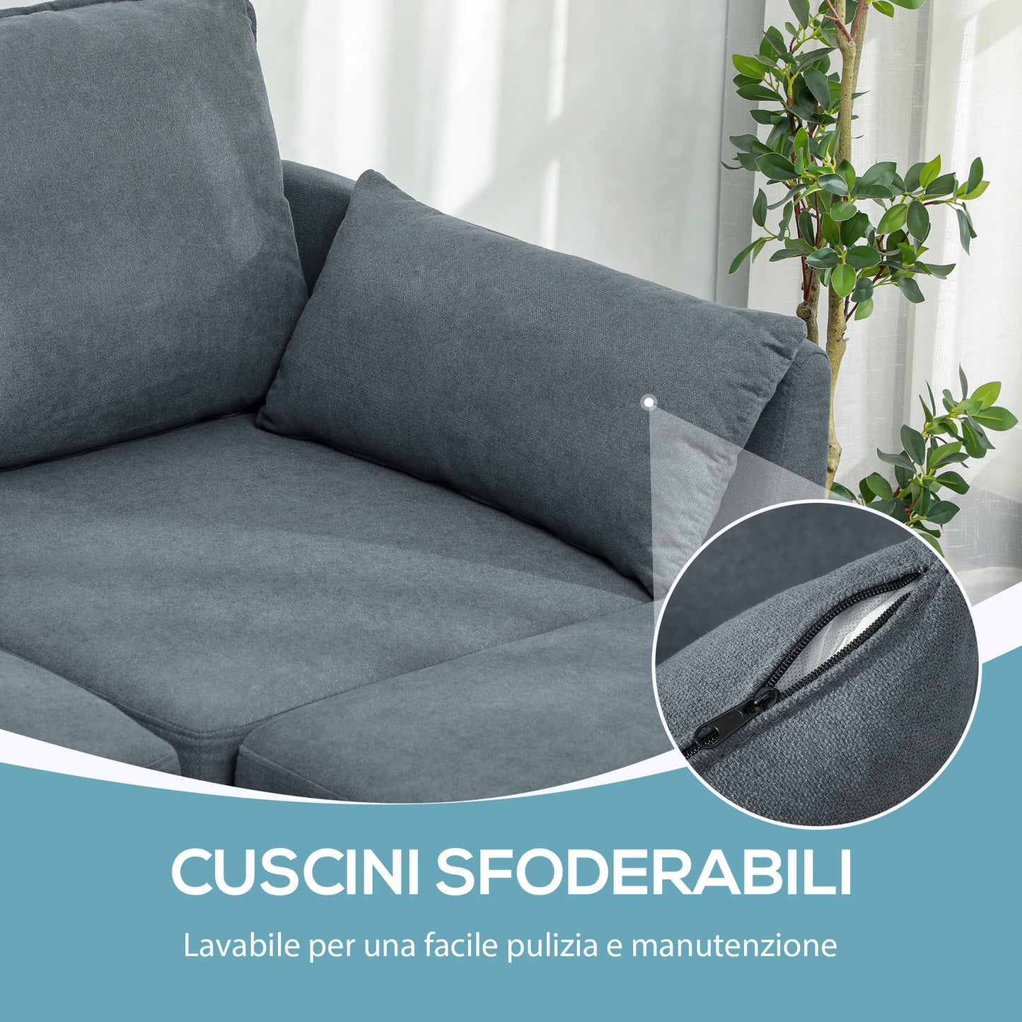 Modern  3 Seater Modular Sectional Sofa with Footrest and Cushions, Flannel Upholstery, Dark Grey