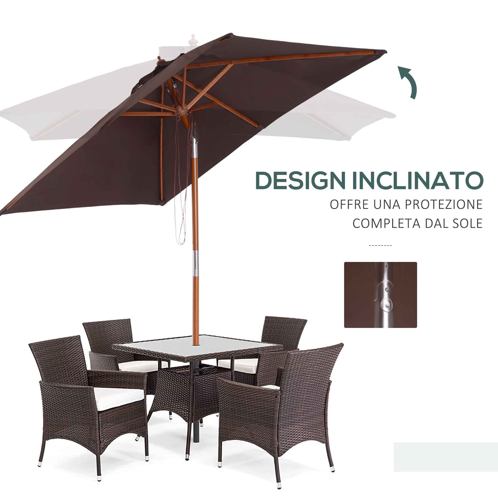 Tilting Rectangular Umbrella 2x1.5 m with 6 Ribs and Rope Opening, in Bamboo and Coffee Polyester