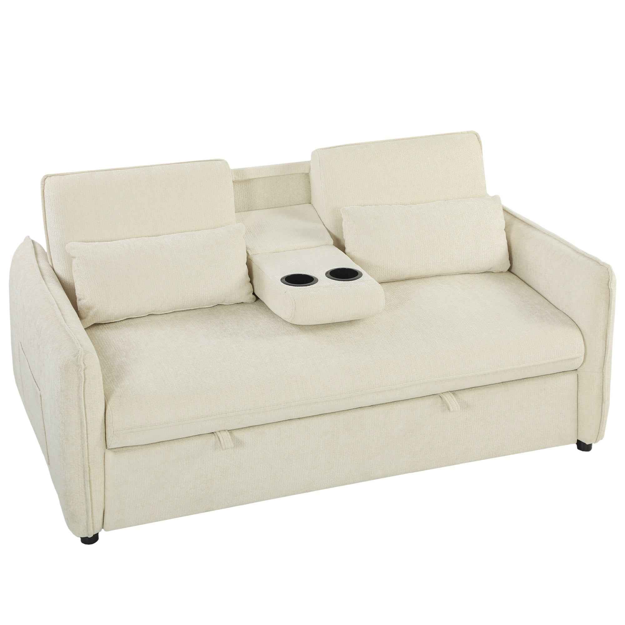 HOMCOM 3-in-1 2-Seater Sofa Bed with 3-Position Adjustable Backrest and 2 Cushions, Chenille, Beige