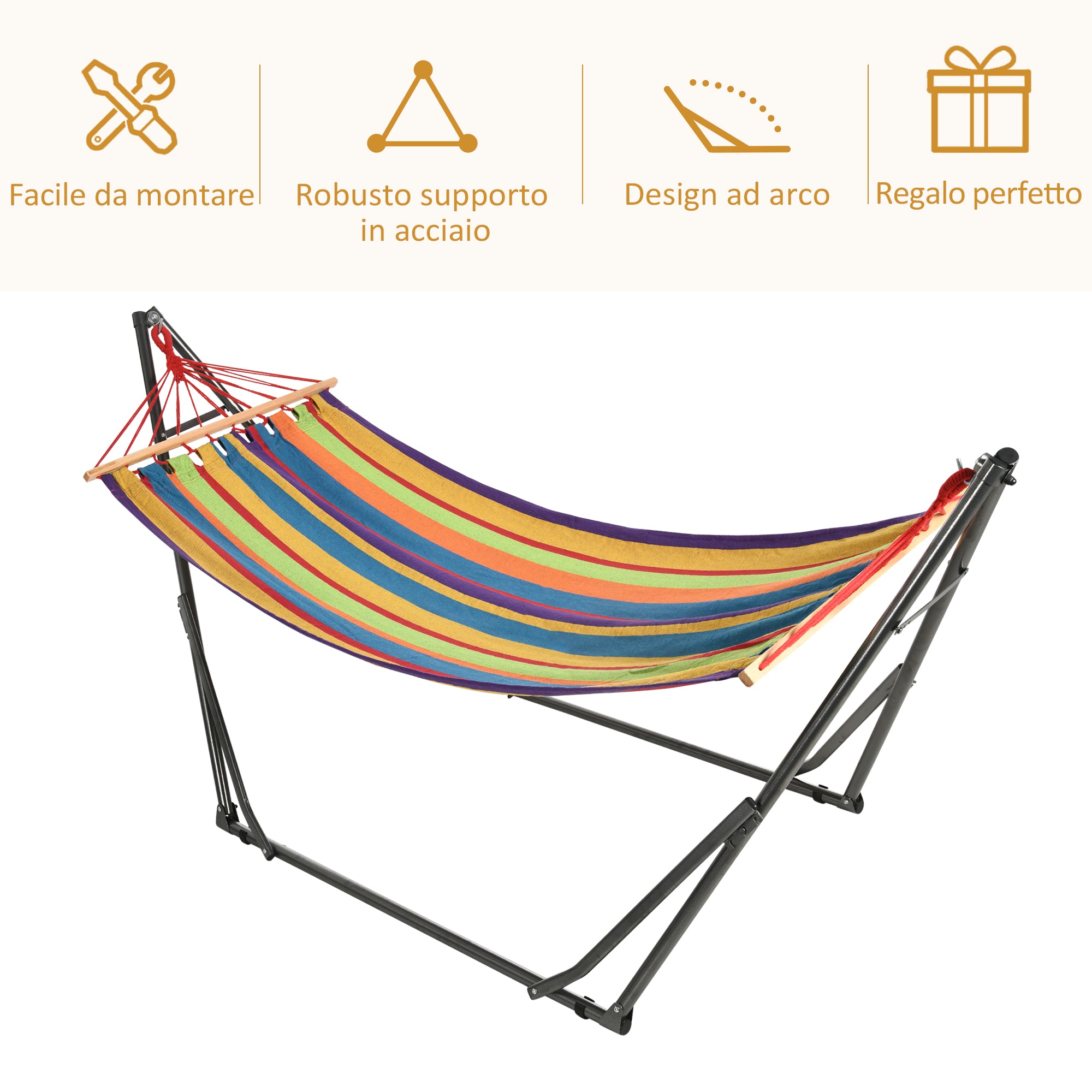 Outsunny Freestanding Hammock with Folding Stand, Cotton Lounger and Steel Frame, Multicolored