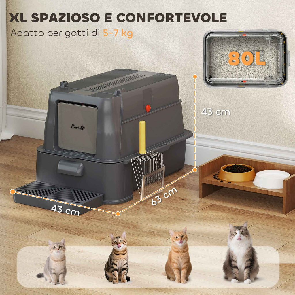 PawHut 80L Enclosed Cat Litter Box with Removable Tray, ABS and Stainless Steel, 63x43x43 cm, Dark Grey