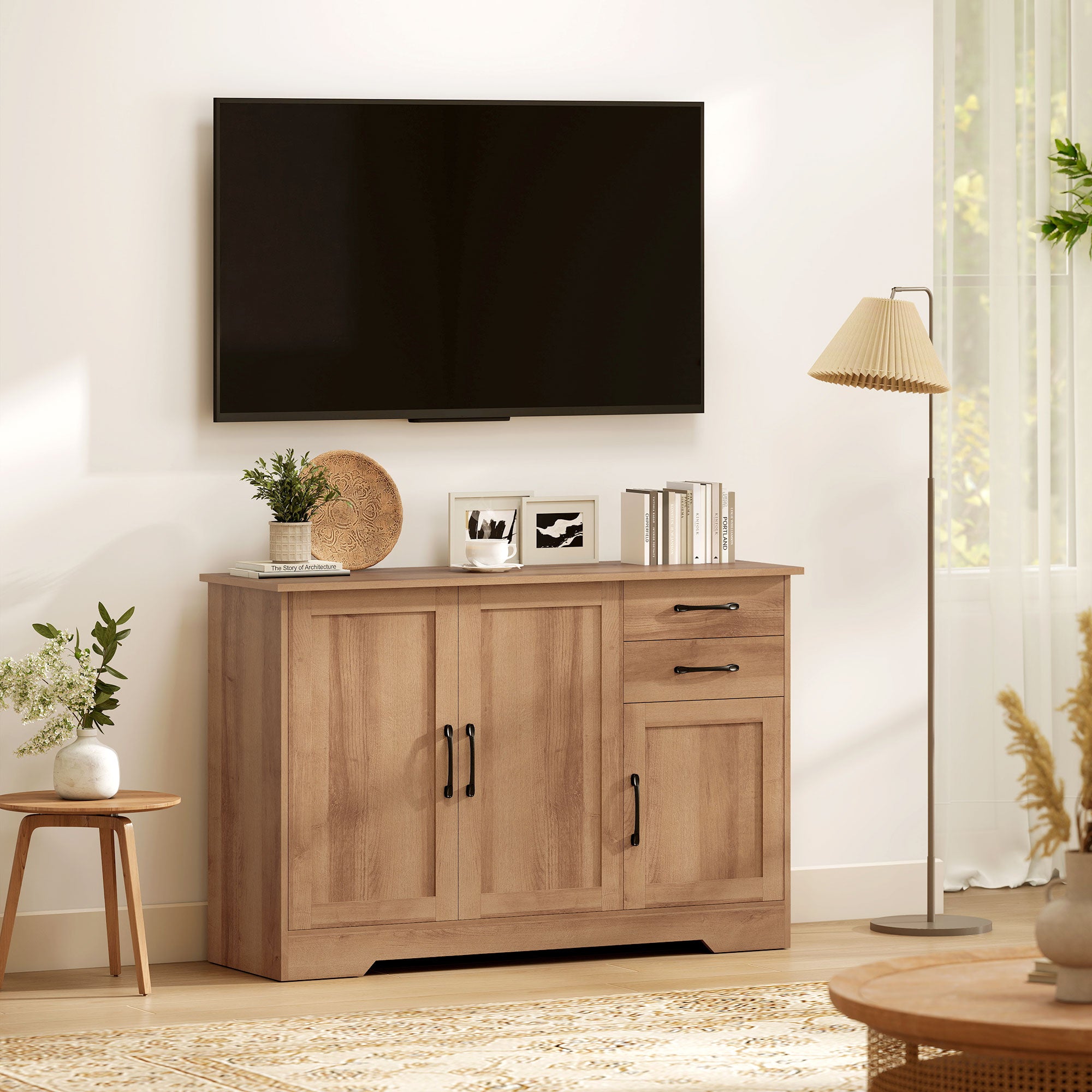 Kitchen Cabinet with 2 Drawers and 3 Cabinets, Adjustable Shelves, 120x38x79 cm, Oak