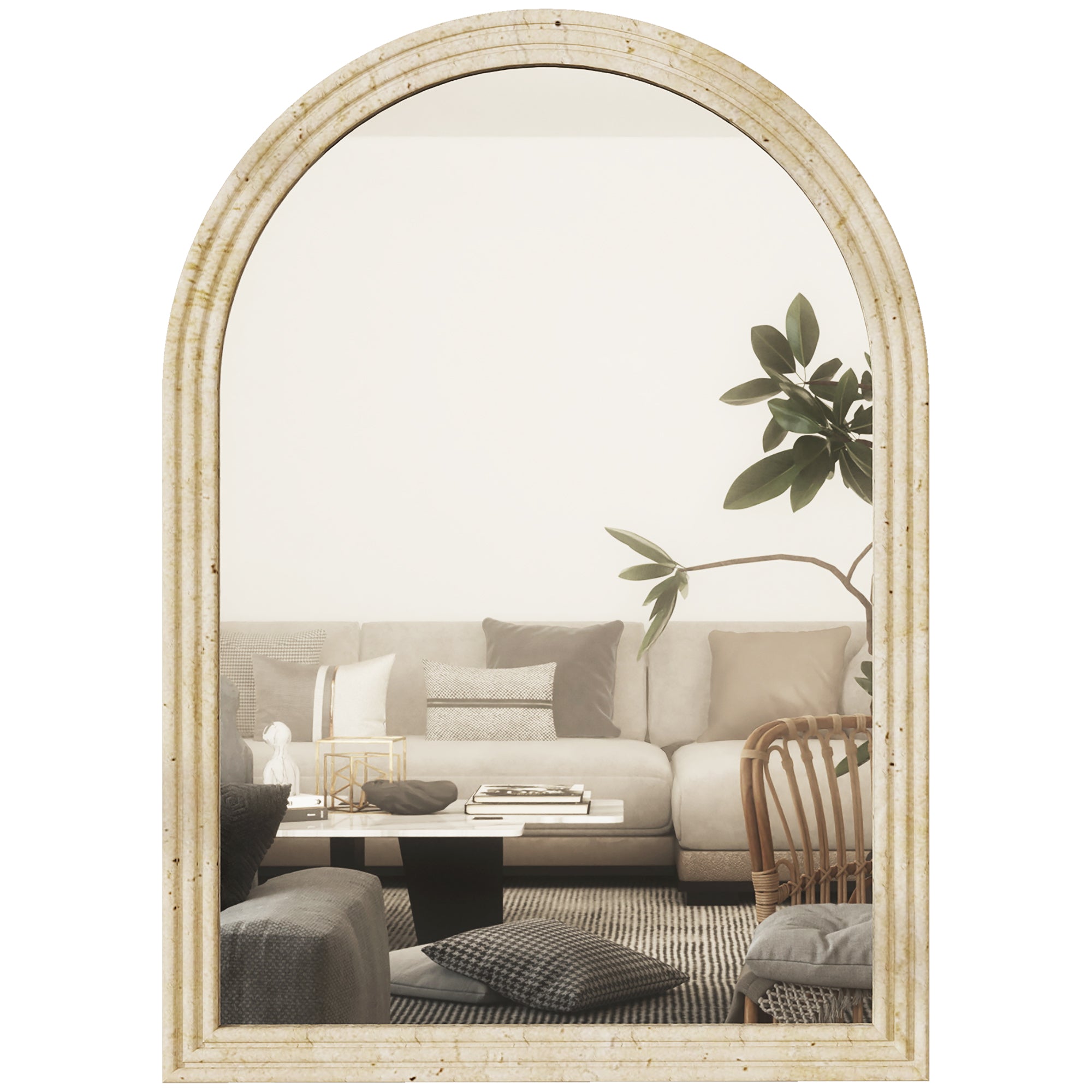 Arched Wall Mirror with Fluted Edge and Hooks, Glass and Polystyrene, 60x2x90 cm, Beige