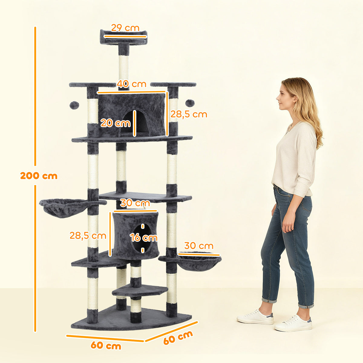 PawHut Tall Cat Tree with Houses and Hammocks, 60x60x200cm, Dark Grey