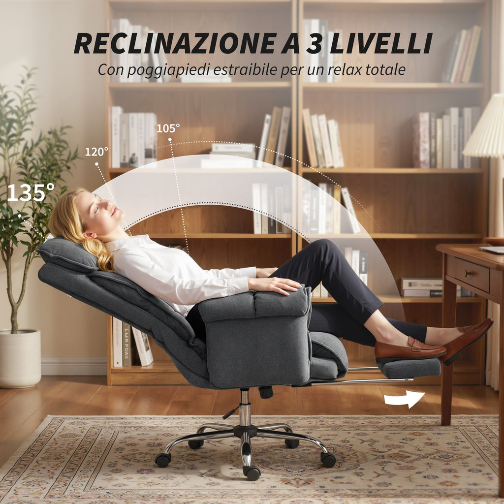 HOMCOM 3-Level Reclining Swivel Office Chair with Double Padded Backrest and Footrest, Flannel, Dark Grey