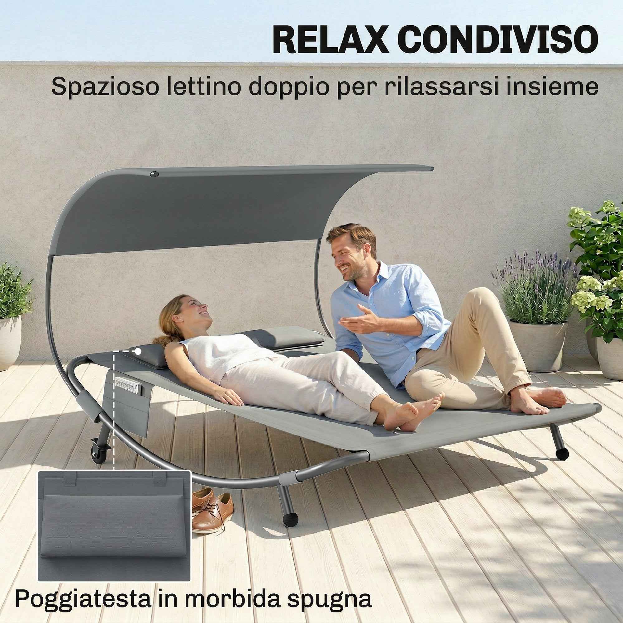 Outsunny Double Sun Lounger with Removable Canopy, Wheels, Cushions and Pockets, Grey