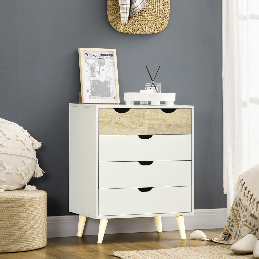 HOMCOM 5-drawer chest of drawers for bedroom with carved handles, 60x40x77.5cm, white and wood - Borgè