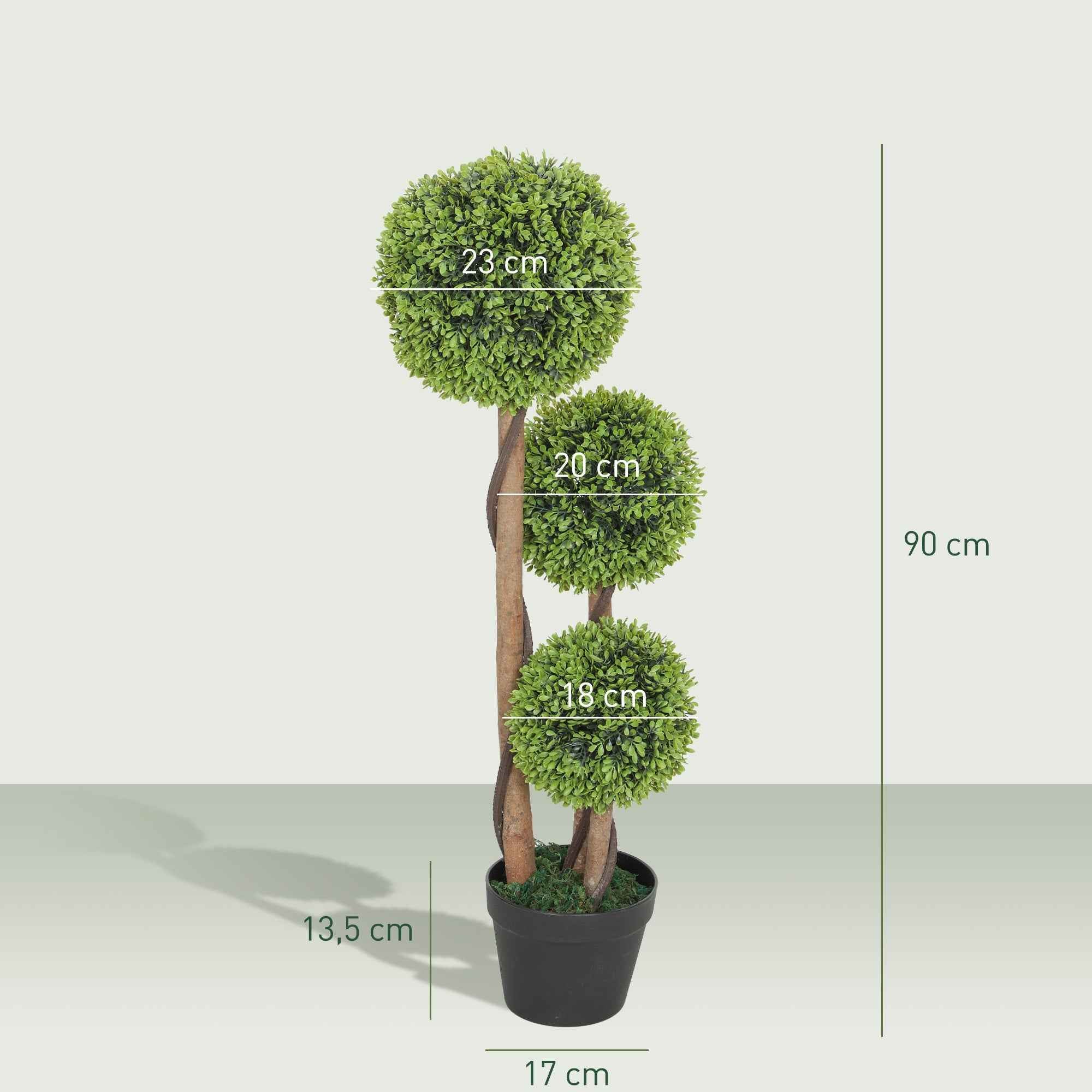 HOMCOM Set of 2 Artificial Boxwood Plants with 3 Balls, with Pot and Reinforced Bottom, Height 90 cm, for Indoor and Outdoor Use