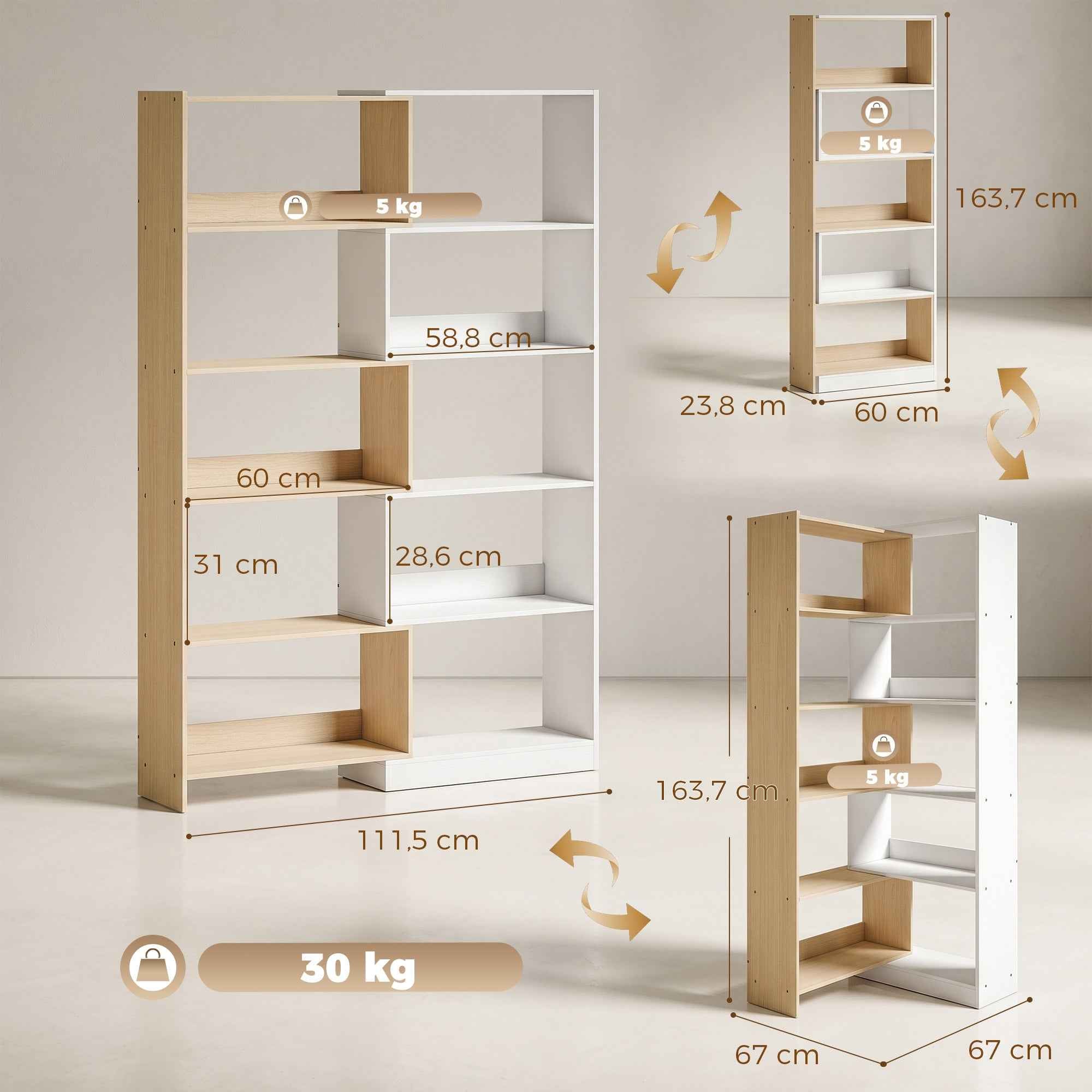 HOMCOM 5-Tier Corner Bookcase with Modular and Space-Saving Design, Made of Wood, 67x67x163.7 cm, Multicolored