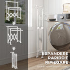 Folding Clothes Airer with 3 Adjustable Bars, Swivel Wheels and Stainless Steel Frame, Silver
