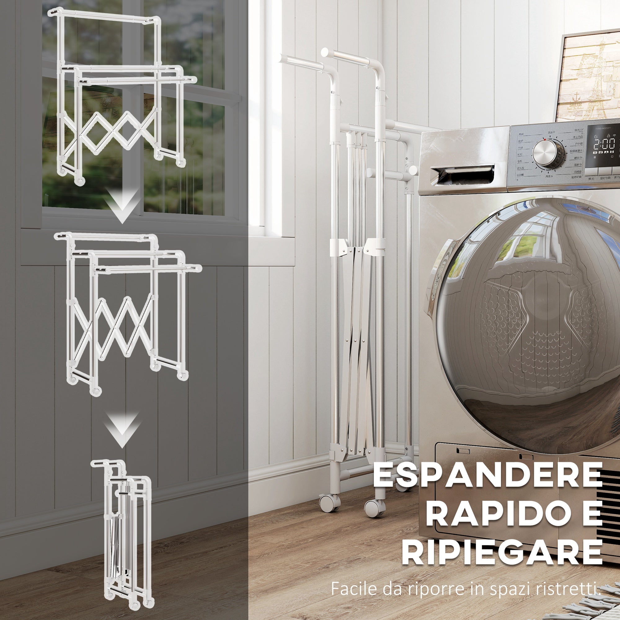 Folding Clothes Airer with 3 Adjustable Bars, Swivel Wheels and Stainless Steel Frame, Silver