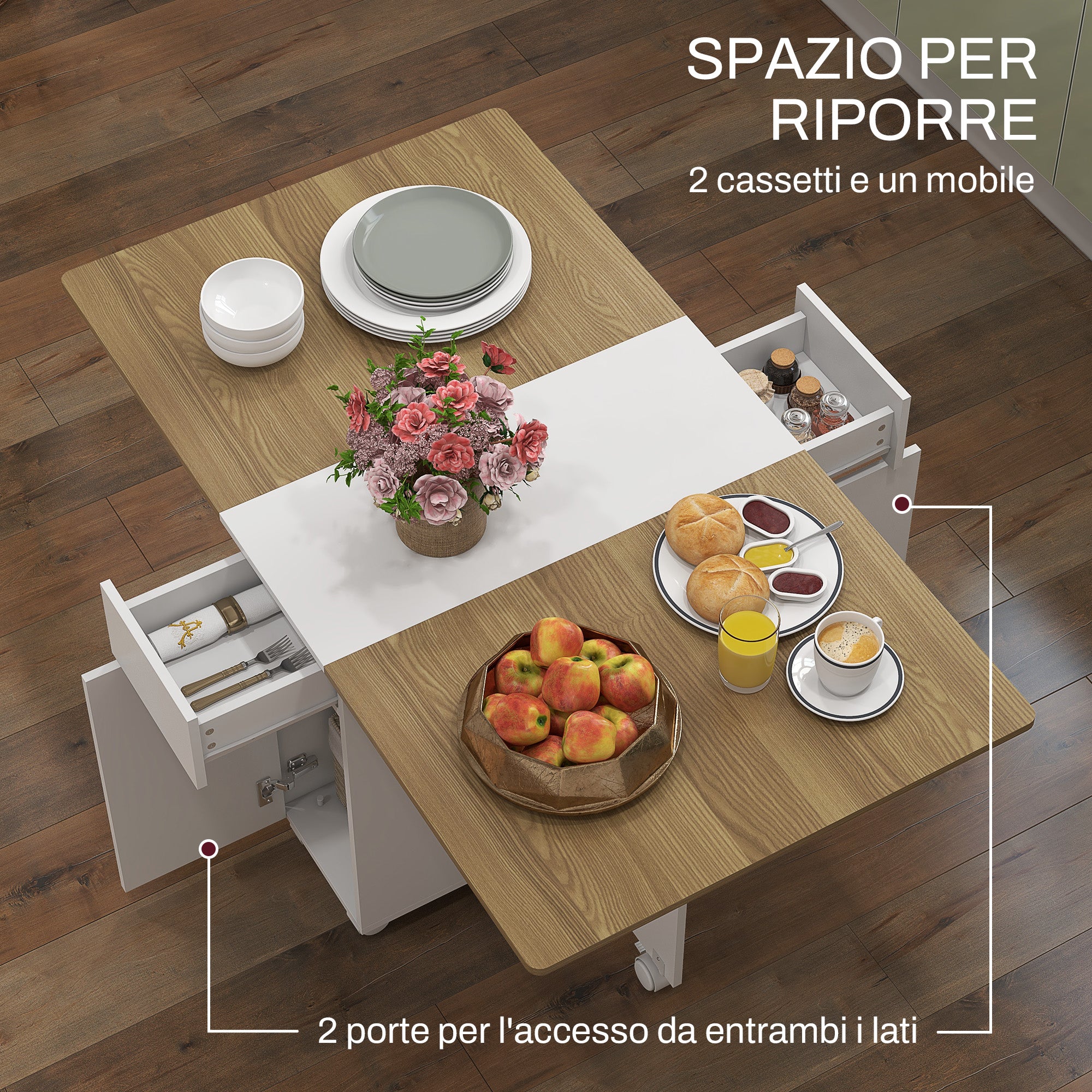Extendable Rectangular Table with 2 Drawers and a Wooden Cabinet, 140x76x74 cm, White and Wood Color