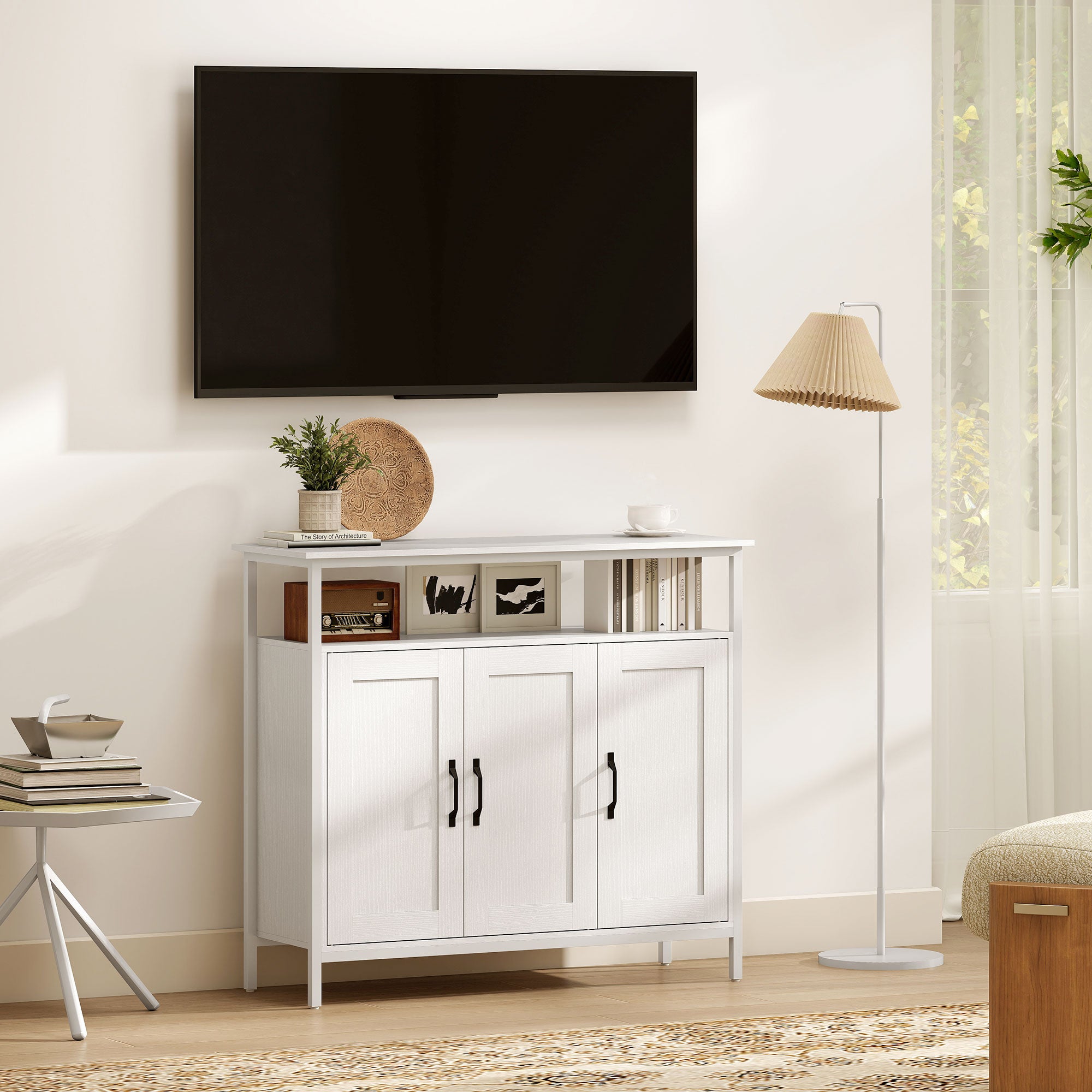 Kitchen Sideboard with Open Shelf and 2 Cabinets, Wood and Steel, 100x35x88 cm, White