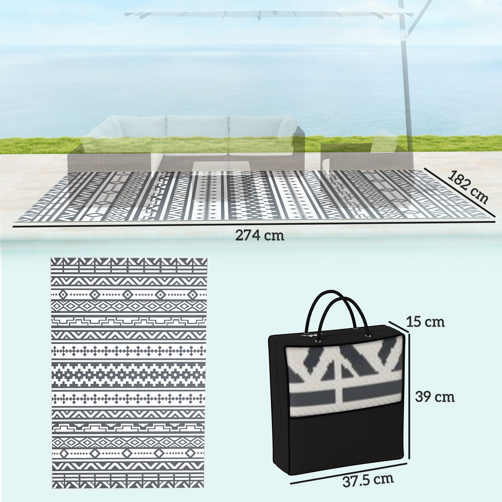 Reversible Outdoor Rug with Geometric Pattern and Bag Included, 182x274 cm, Gray and White