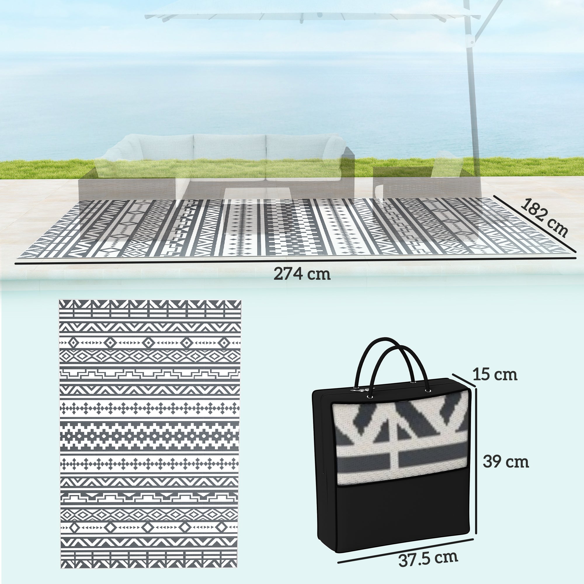 Reversible Outdoor Rug with Geometric Pattern and Bag Included, 182x274 cm, Gray and White