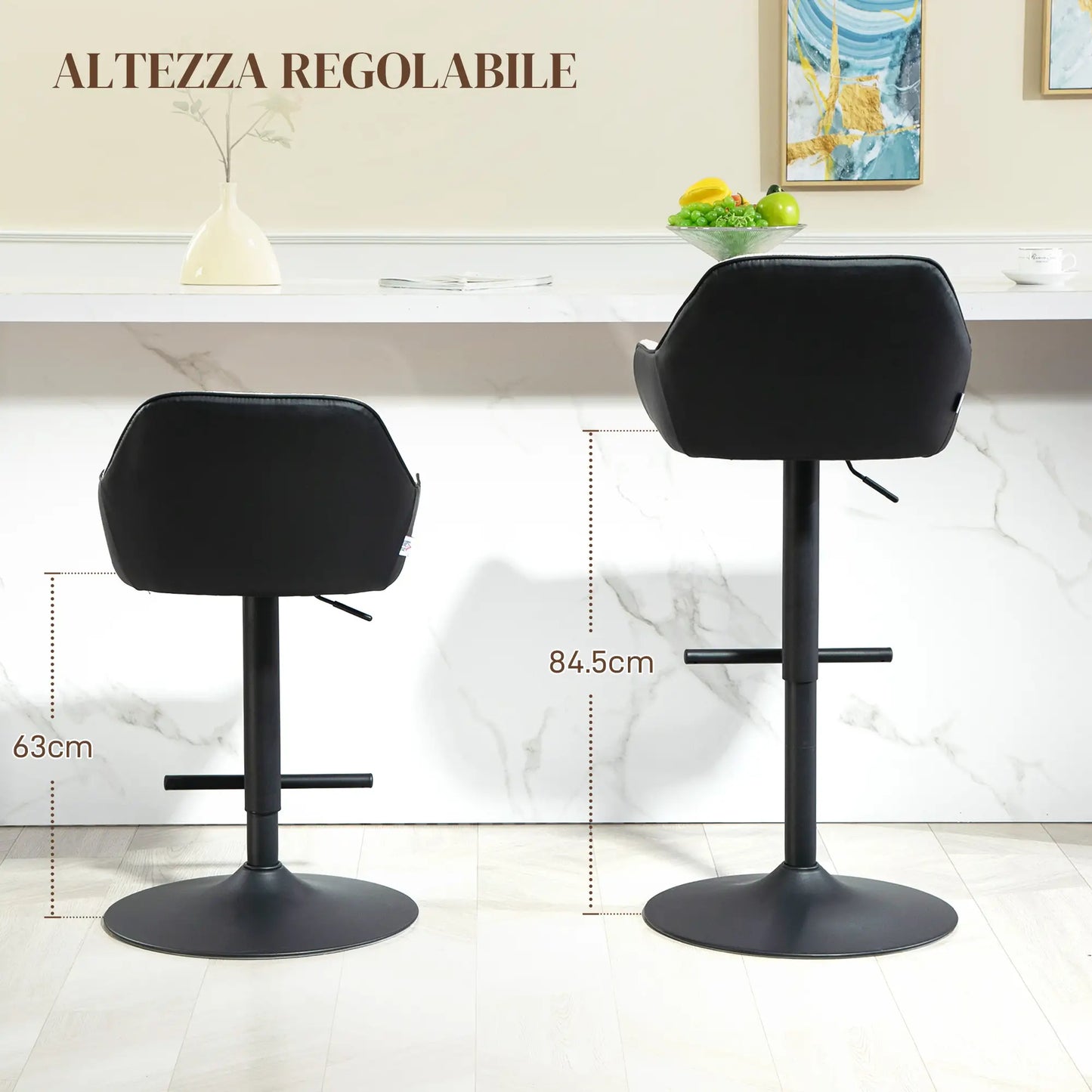 Set of 2 Height Adjustable Padded Stools with Backrest and Armrests, 52.5x53x86.5-108 cm, Black Light Grey