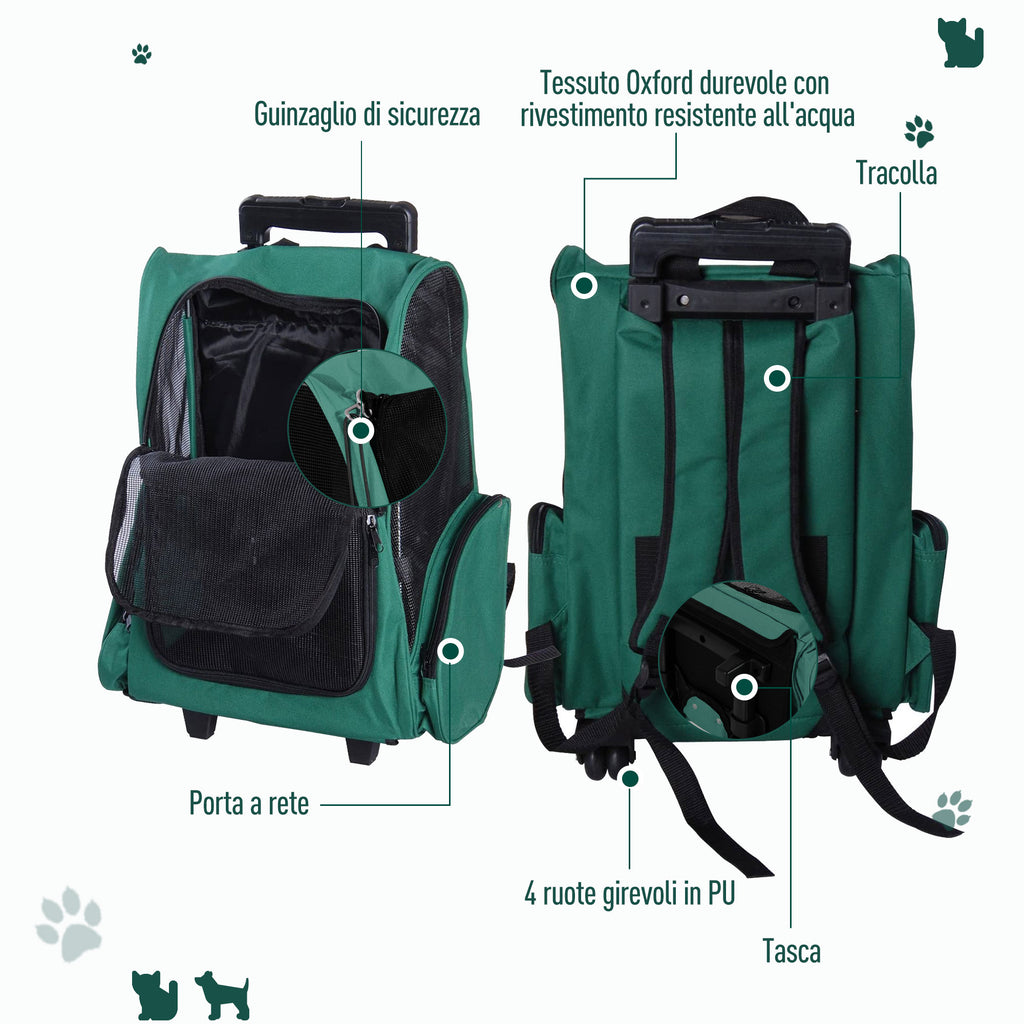 2-in-1 Pet Carrier Backpack for Dogs and Cats with Side Pockets, Telescopic Handle and Wheels, 42x25x55cm, Green