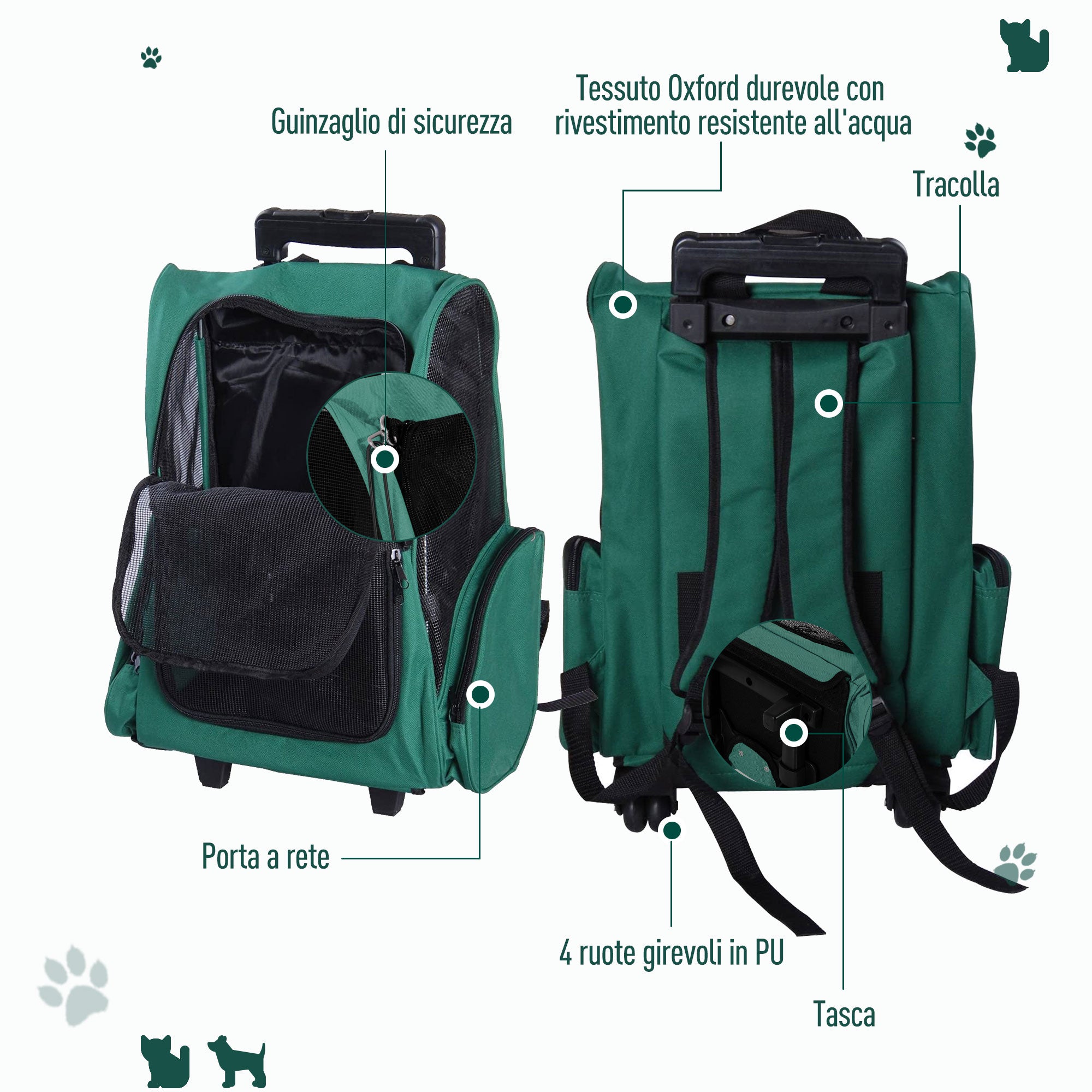 2-in-1 Pet Carrier Backpack for Dogs and Cats with Side Pockets, Telescopic Handle and Wheels, 42x25x55cm, Green