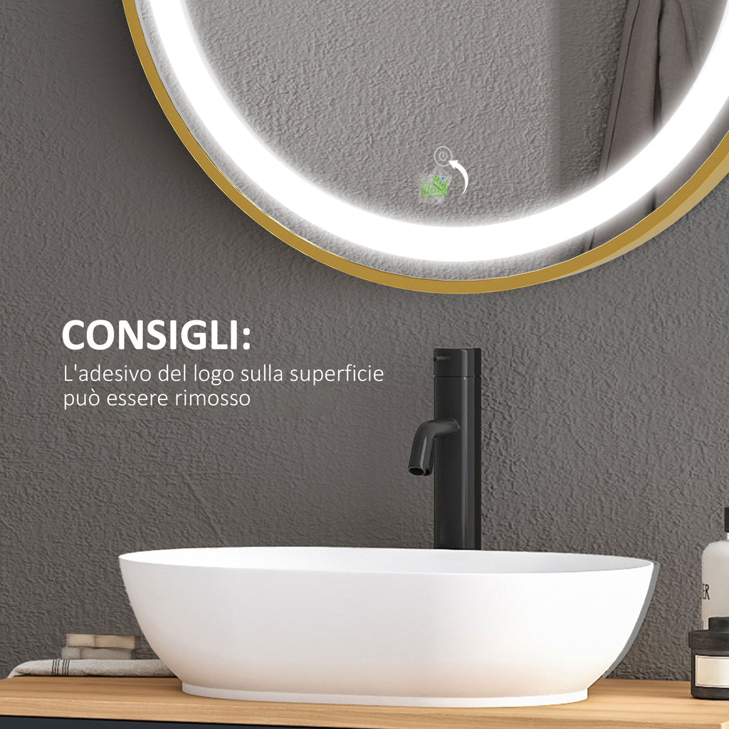 Bathroom Mirror with LED Light, 3-Tone Adjustable Brightness and Memory Function, Ø60 cm, Gold