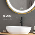 Bathroom Mirror with LED Light, 3-Tone Adjustable Brightness and Memory Function, Ø60 cm, Gold