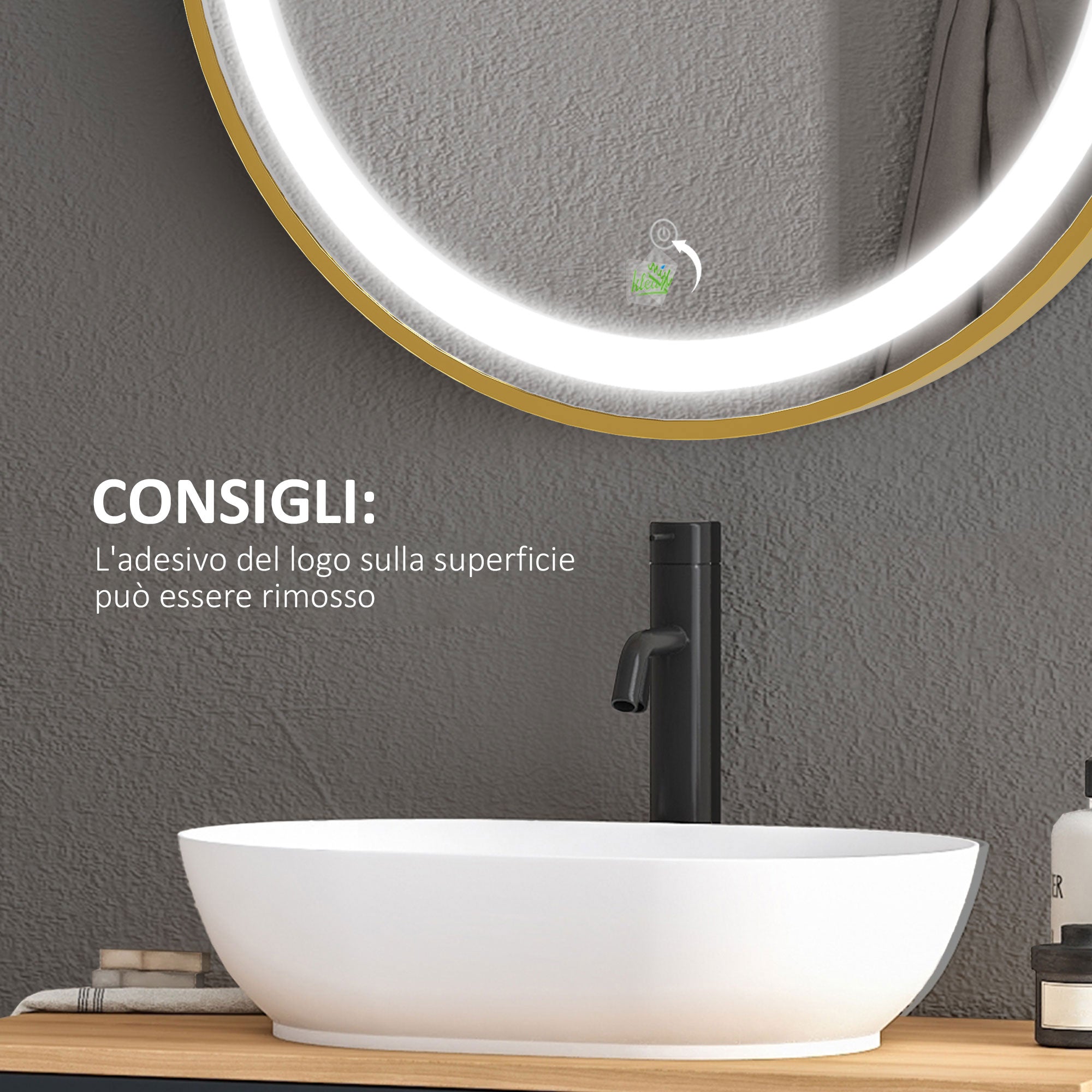 Bathroom Mirror with LED Light, 3-Tone Adjustable Brightness and Memory Function, Ø60 cm, Gold