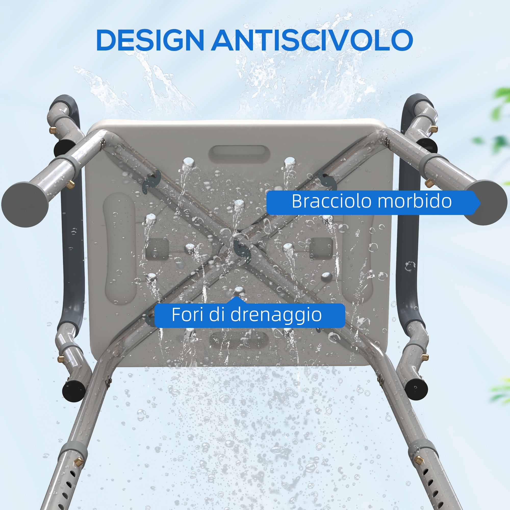 HOMCOM Adjustable Shower Stool with Armrests and Drainage Holes in Aluminum, 52x45x57-69 cm, Gray