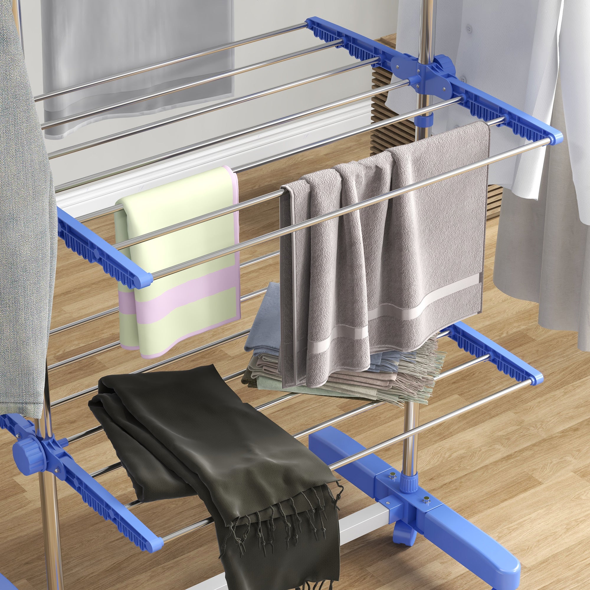 HOMCOM Vertical Drying Rack with 4 Adjustable Shelves, in Steel and Plastic, 142x55x172 cm, Blue and Silver - Borgè