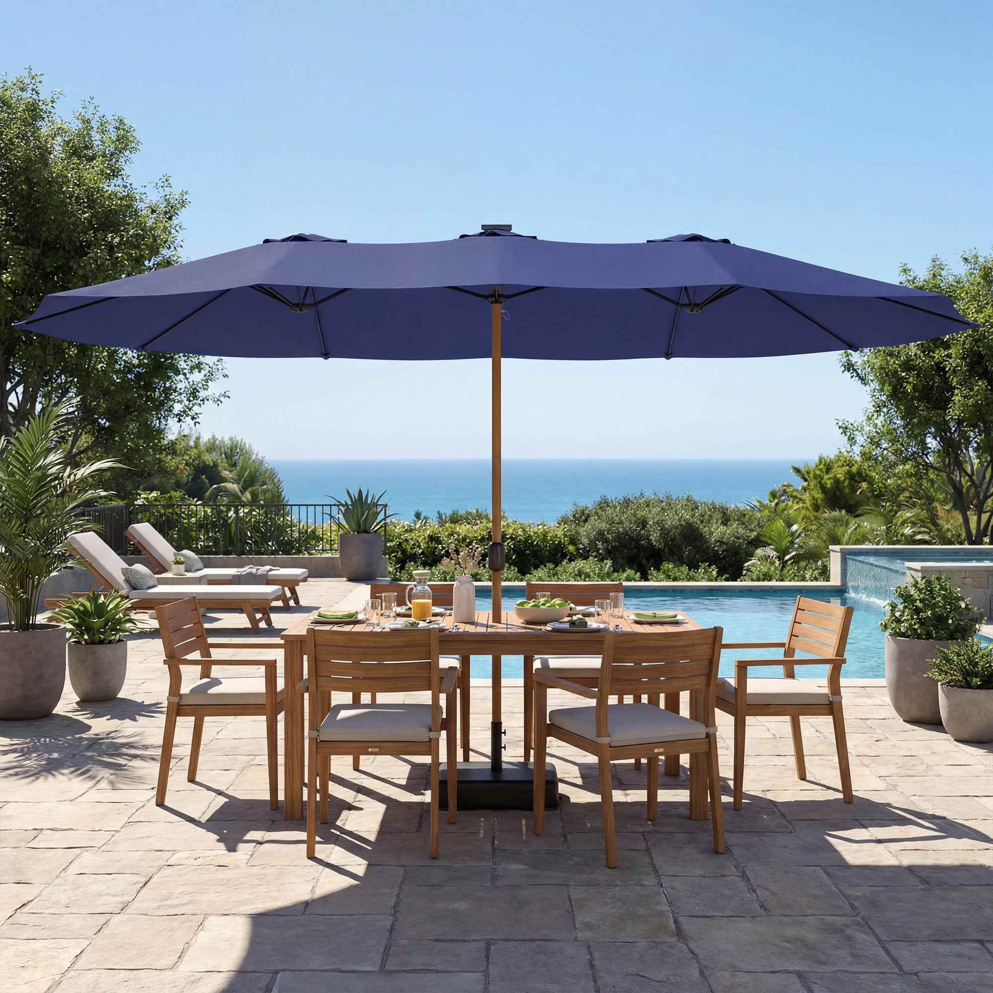 Outsunny 12-Ribbed Double Umbrella with Crank Handle, Cross Base and Sandbags, 4.7 x 2.8 m, Dark Blue
