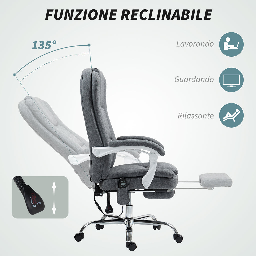 Heated Massage Office Chair, Reclining Linen Fabric Chair with Footrest, Grey