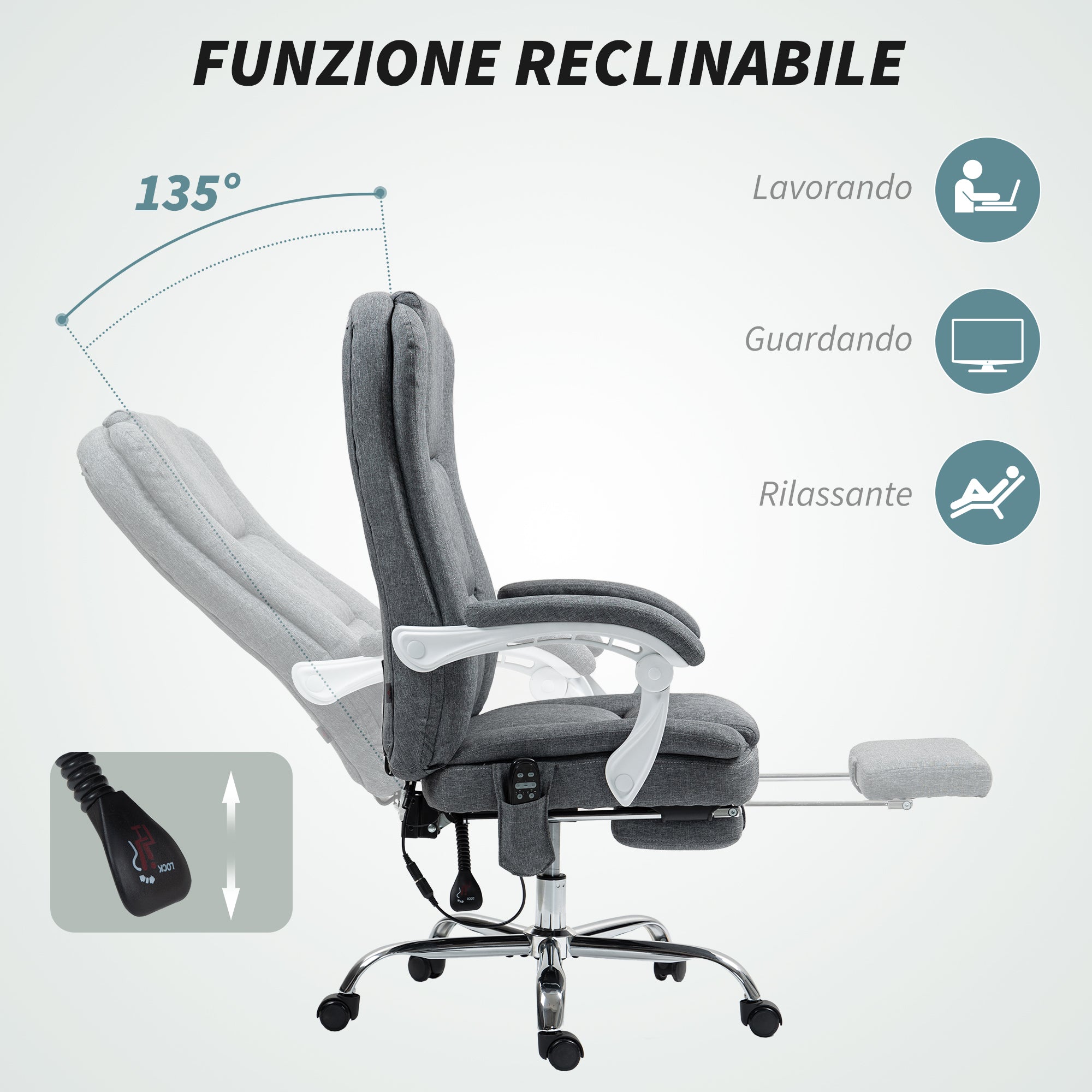 Heated Massage Office Chair, Reclining Linen Fabric Chair with Footrest, Grey