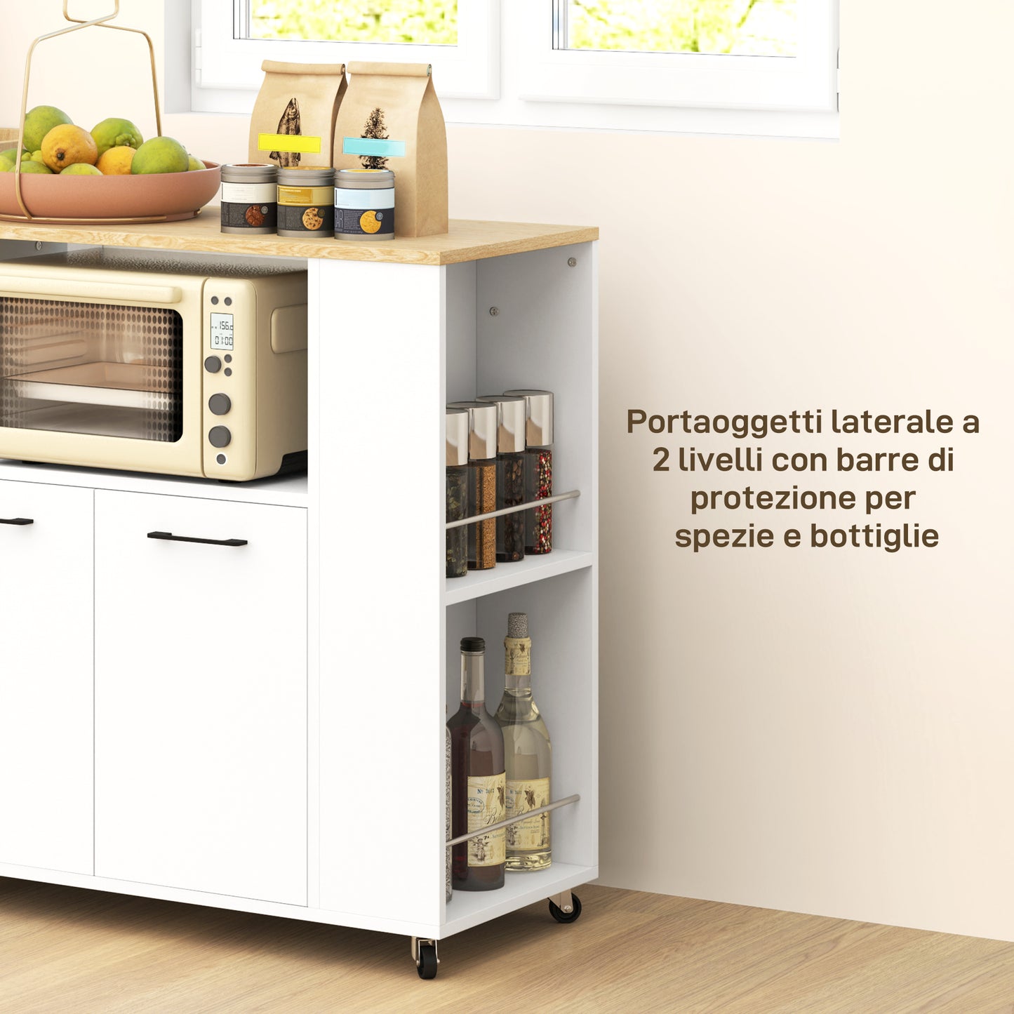 Wooden Kitchen Trolley with Open Shelf, Cabinet and Side Shelf, 75x40x80.5 cm, color Oak and White