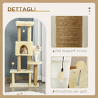 Cat Tree, 136 cm Tall, with Removable House, Cat House and Bed, Jute Poles, Beige