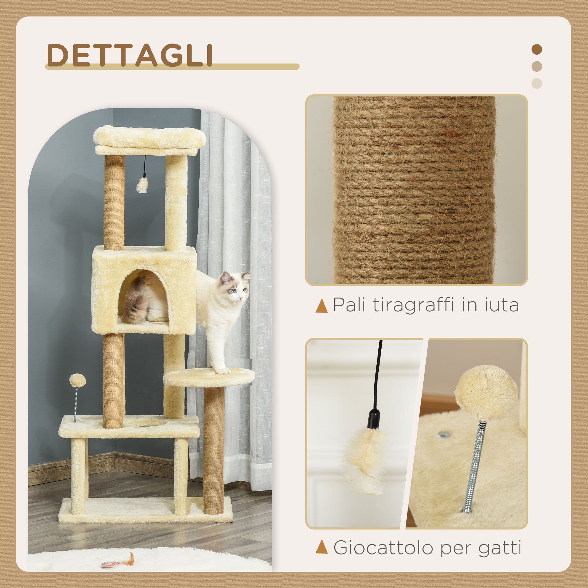Cat Tree, 136 cm Tall, with Removable House, Cat House and Bed, Jute Poles, Beige