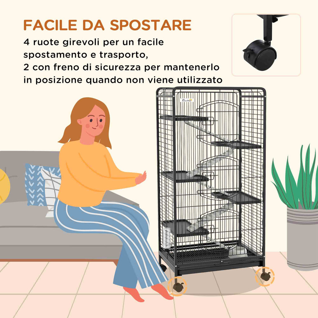 Small Animal Cage with Wheels, 5 Ramps and 5 Platforms, Bowl and Bottle, 61.5x44x131 cm, Black