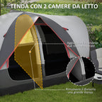 6 Person Camping Tent with 2 Separate Rooms, Polyester and Fiberglass, 450x215x180 cm, Grey