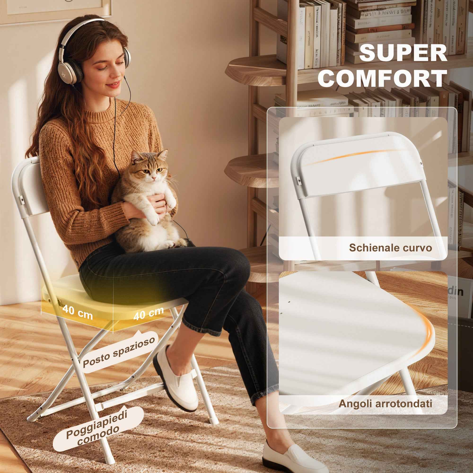 HOMCOM Set of 4 Folding Chairs with Drainage Holes in Plastic and Metal, 45x49x79.5 cm, White