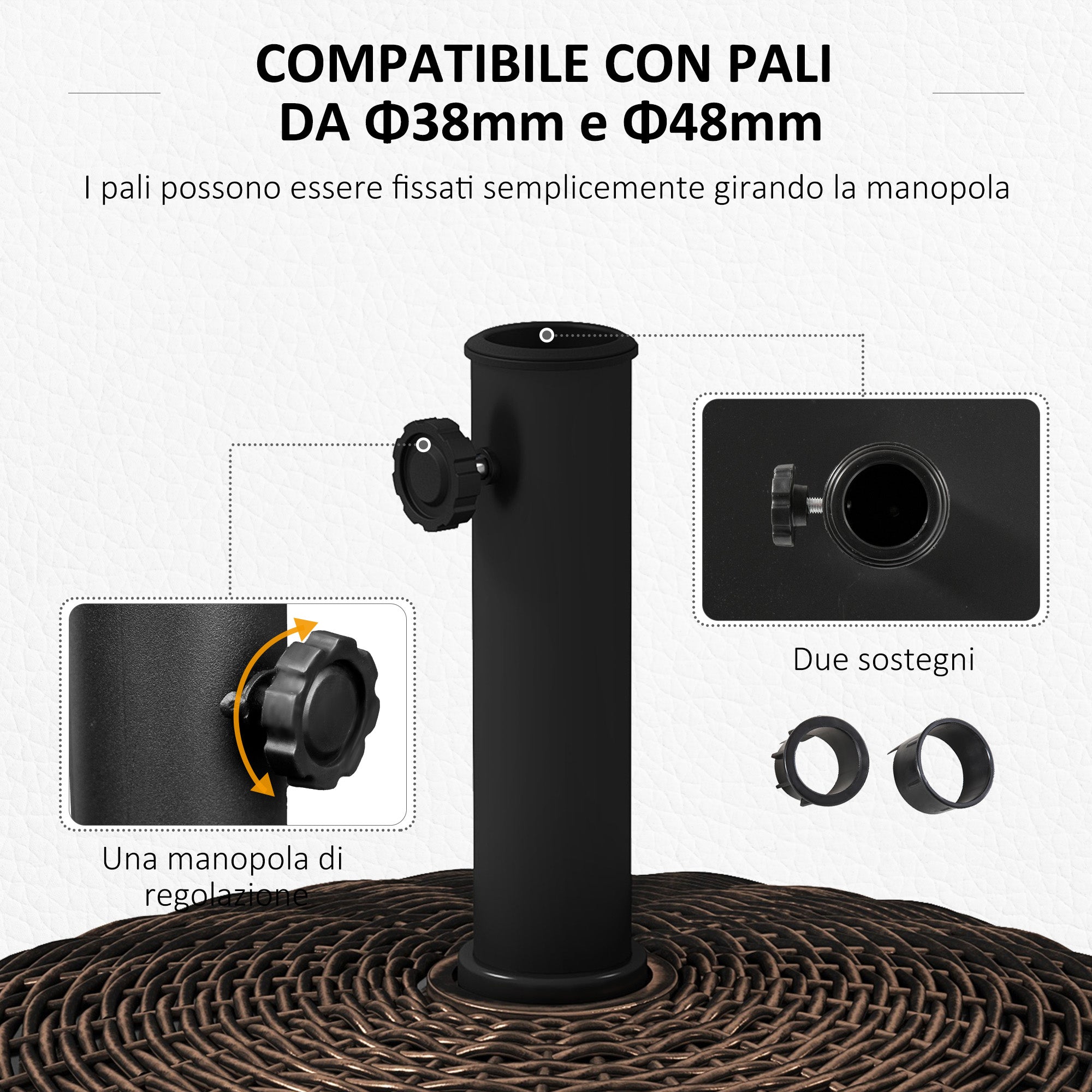 Round Garden Umbrella Base with 4 Wheels with Brakes, in Steel and Resin, Ø52x41 cm, Bronze and Black