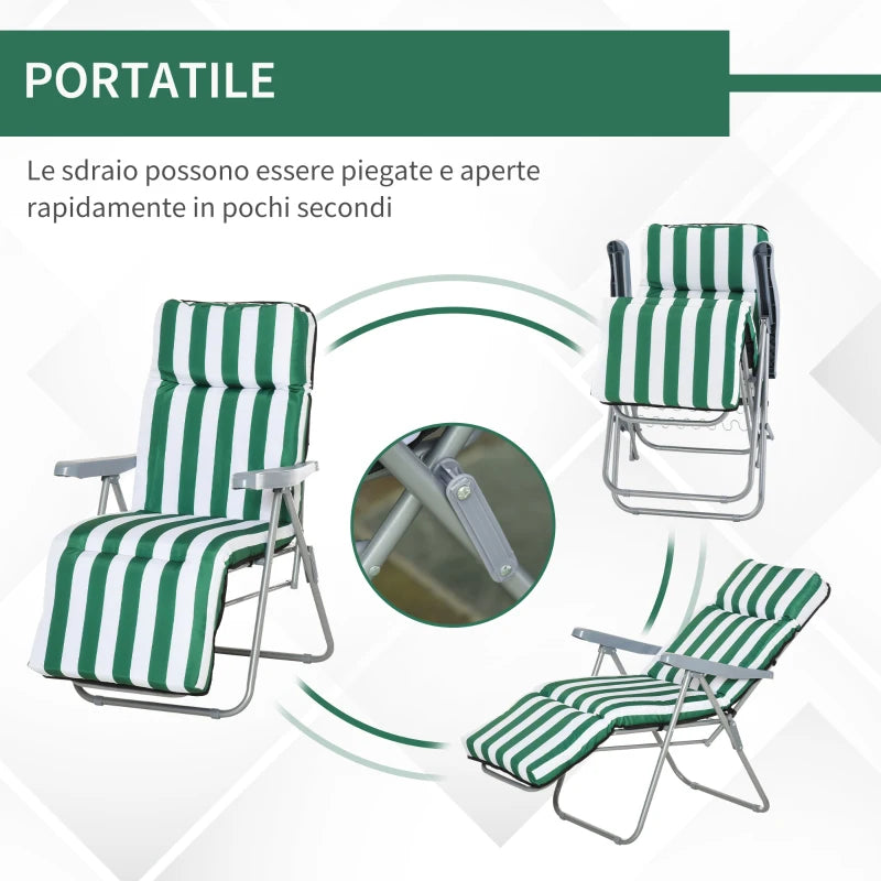 2-Piece Folding and Reclining Beach Chair, Garden Sun Loungers with Padded Cushion, Green and White - Borge' Group Limited