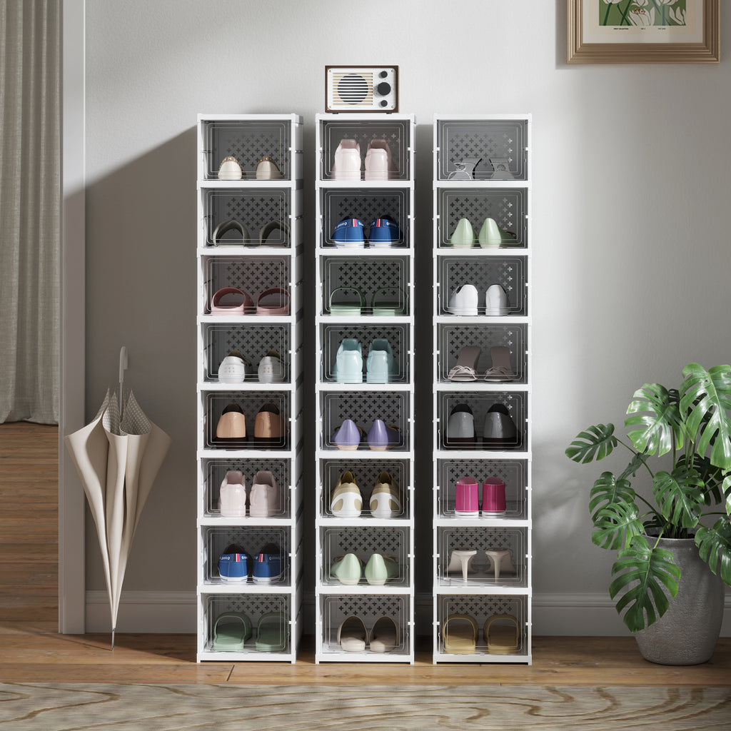 Shoe Rack with 8 Stackable and Foldable Shoe Containers with Transparent Panel, White